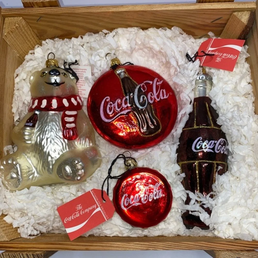 Kurt Adler Polonaise Coca-Cola Glass Ornaments • Set of 4 • VTG 1996 • With Box